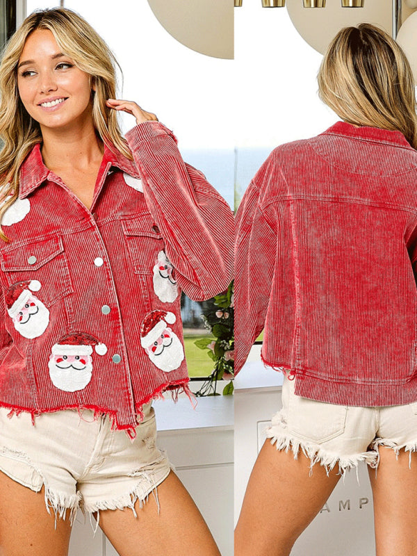 Corduroy Jackets- Santa Claus Sparkle: Sequin Patched Corduroy Jacket for the Holidays- - Pekosa Women Clothing