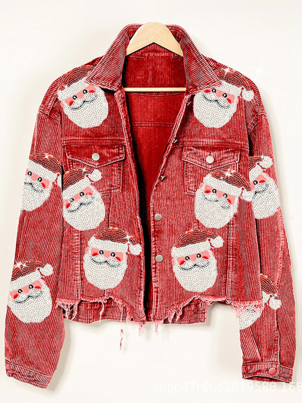 Corduroy Jackets- Santa Claus Sparkle: Sequin Patched Corduroy Jacket for the Holidays- - Pekosa Women Clothing