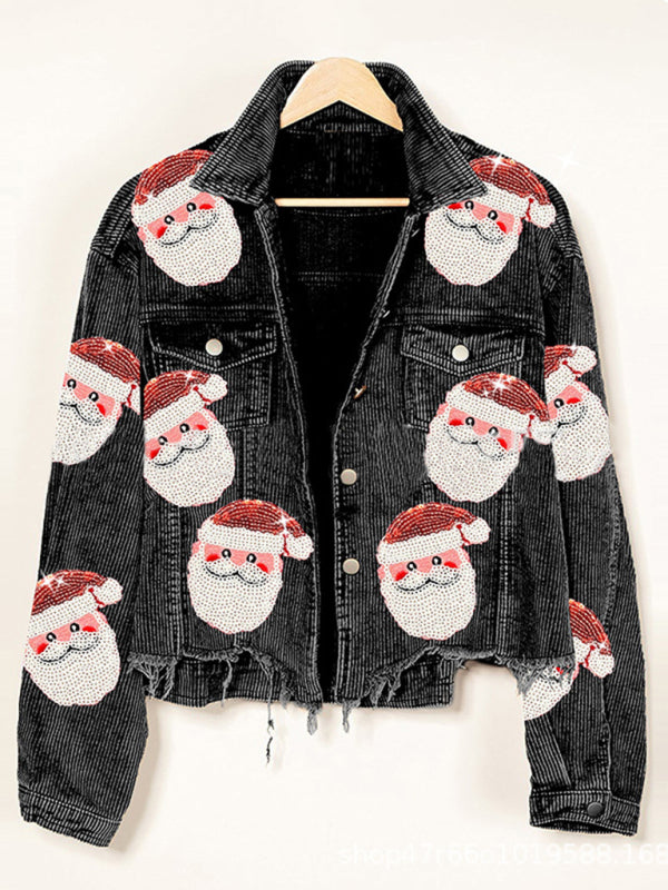 Corduroy Jackets- Santa Claus Sparkle: Sequin Patched Corduroy Jacket for the Holidays- Black- Pekosa Women Clothing