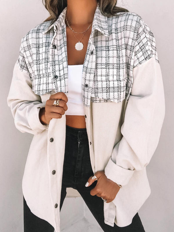 Corduroy Shackets- Autumn Cotton Plaid Shacket - Cozy Corduroy Shirt Jacket- Cream- Pekosa Women Clothing