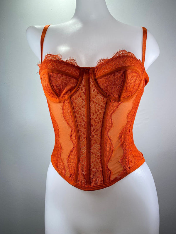 Corset Tops- Lace Corset Bustier - Sweetheart Cami Bra Top- Orange- Pekosa Women Fashion