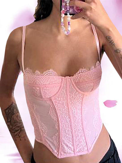 Corset Tops- Lace Corset Bustier - Sweetheart Cami Bra Top- Pink- Pekosa Women Fashion