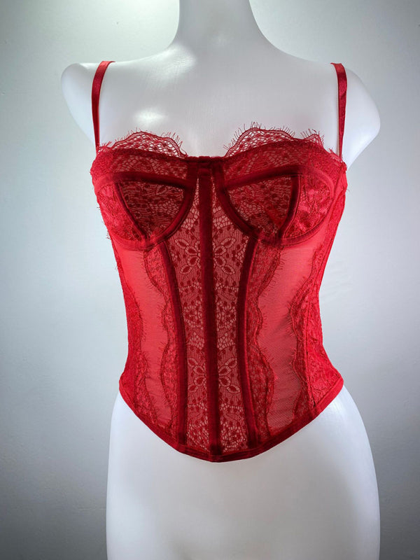 Corset Tops- Lace Corset Bustier - Sweetheart Cami Bra Top- Red- Pekosa Women Fashion