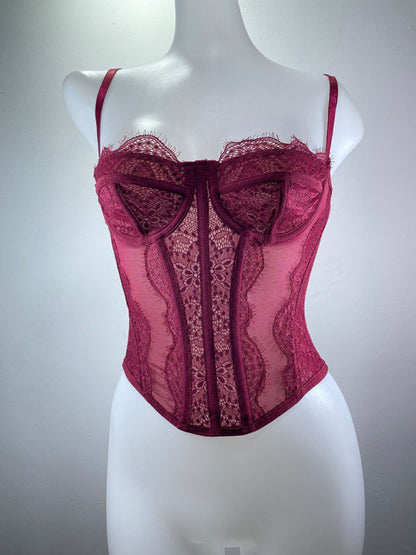 Corset Tops- Lace Corset Bustier - Sweetheart Cami Bra Top- Wine Red- Pekosa Women Fashion