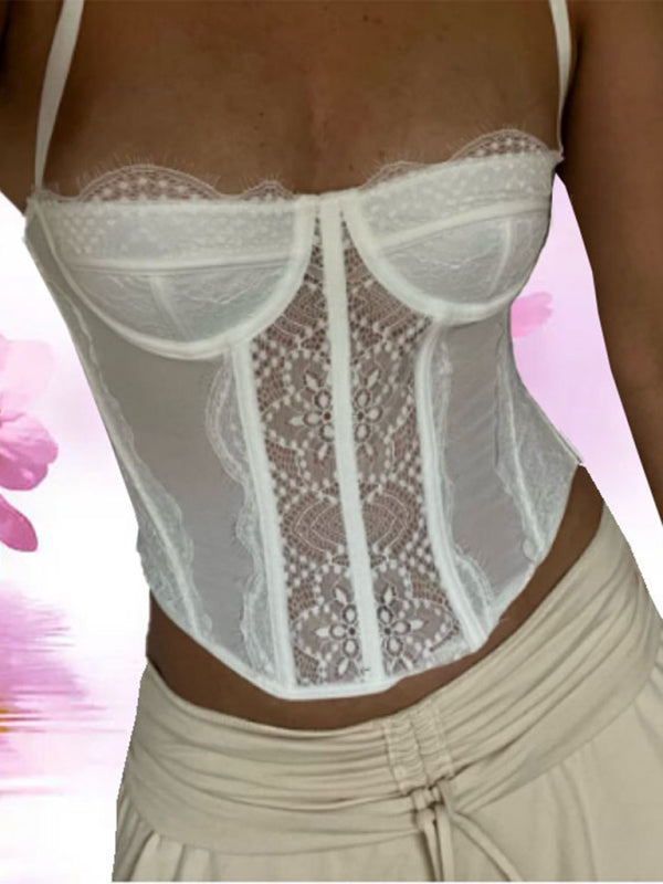 Corset Tops- Lace Corset Bustier - Sweetheart Cami Bra Top- White- Pekosa Women Fashion