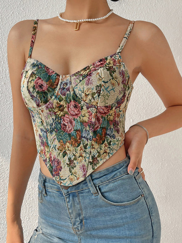 Corsets- Sweetheart Corset Cami - Vintage Print Bustier Top- - Pekosa Women Fashion