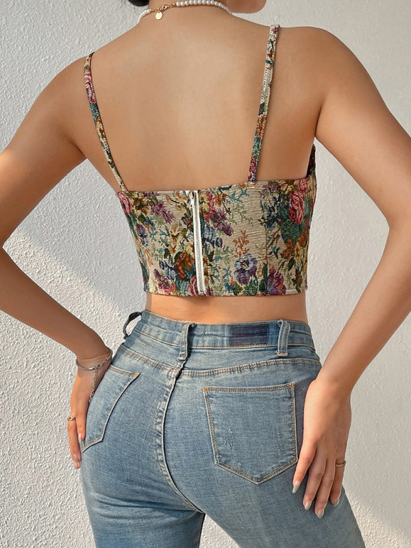 Corsets- Sweetheart Corset Cami - Vintage Print Bustier Top- - Pekosa Women Fashion