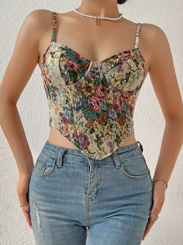 Corsets- Sweetheart Corset Cami - Vintage Print Bustier Top- - Pekosa Women Fashion