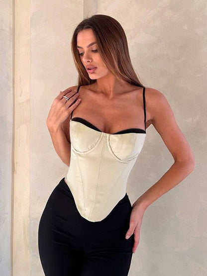 Corsets Top- Corset Bustier Blouse: Contrast Bra Trim - Stylish Cami Tank Crop!- White- Pekosa Women Clothing