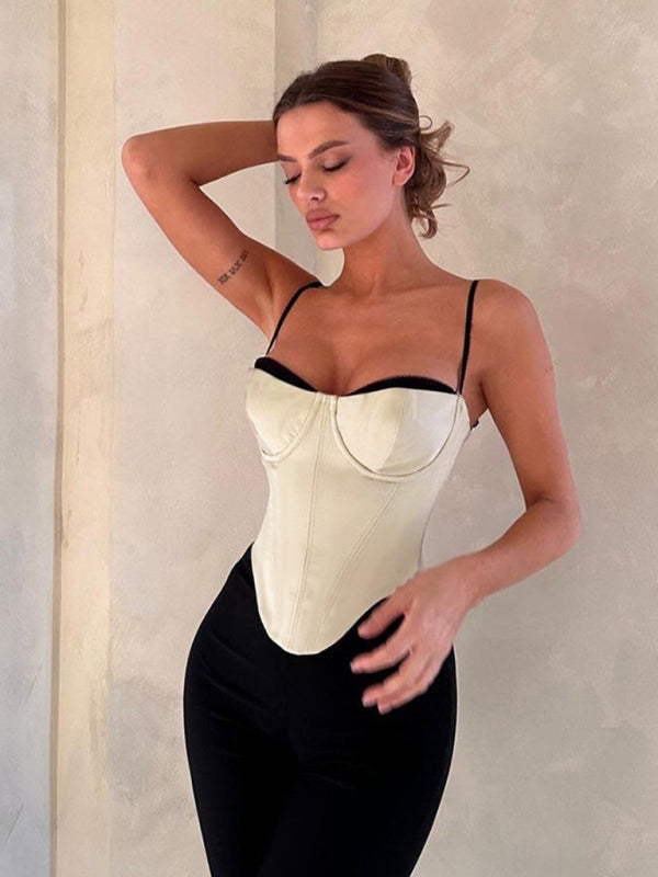 Corsets Top- Corset Bustier Blouse: Contrast Bra Trim - Stylish Cami Tank Crop!- - Pekosa Women Clothing