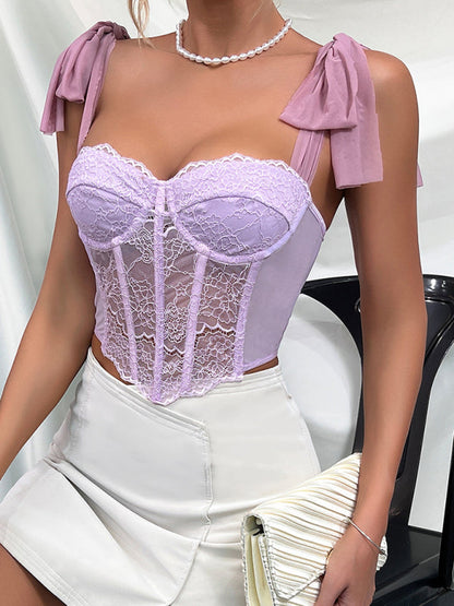 Corsets- Vintage Lace Corset Cami Top with Elegant Tie-Shoulder Straps- - Pekosa Women Fashion