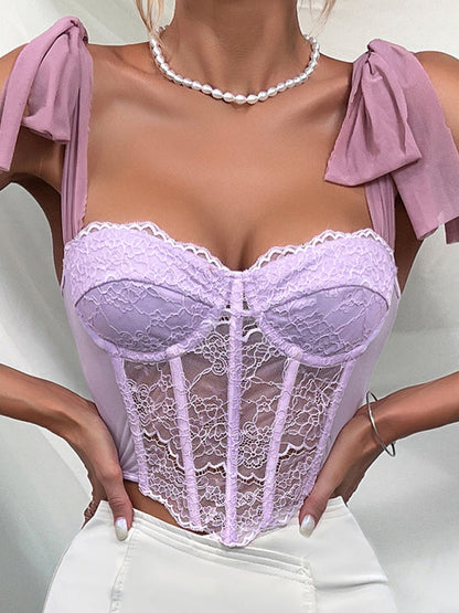 Corsets- Vintage Lace Corset Cami Top with Elegant Tie-Shoulder Straps- Purple- Pekosa Women Fashion