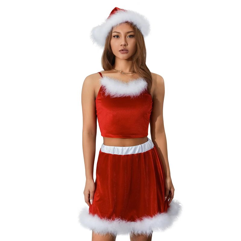 Costumes- Santa Claus Cosplay Christmas Feather Mini Skirt + Cami Top + Hat- Red- Pekosa Women Clothing