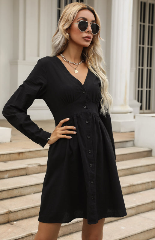 Cotton Dresses- Cotton A-Line Long Sleeve Button Shirt Dress- Black- Pekosa Women Clothing