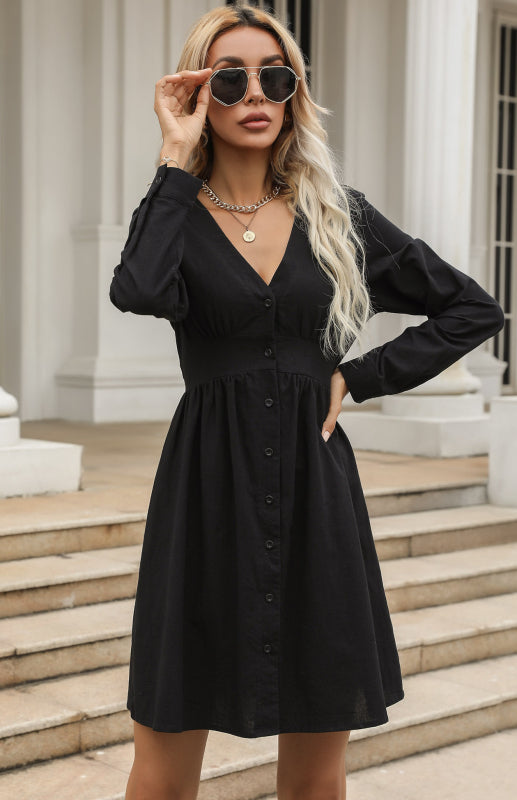 Cotton Dresses- Cotton A-Line Long Sleeve Button Shirt Dress- - Pekosa Women Clothing