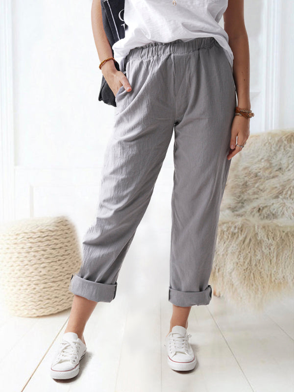 Cotton Pants- Textured Cotton Trousers | Elastic Waist Pants with Pockets- - Pekosa Women Clothing