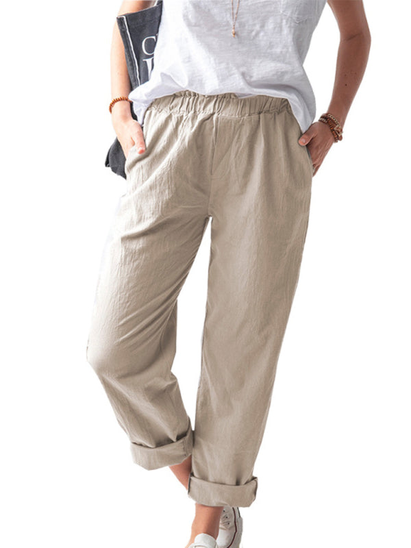 Cotton Pants- Textured Cotton Trousers | Elastic Waist Pants with Pockets- - Pekosa Women Clothing