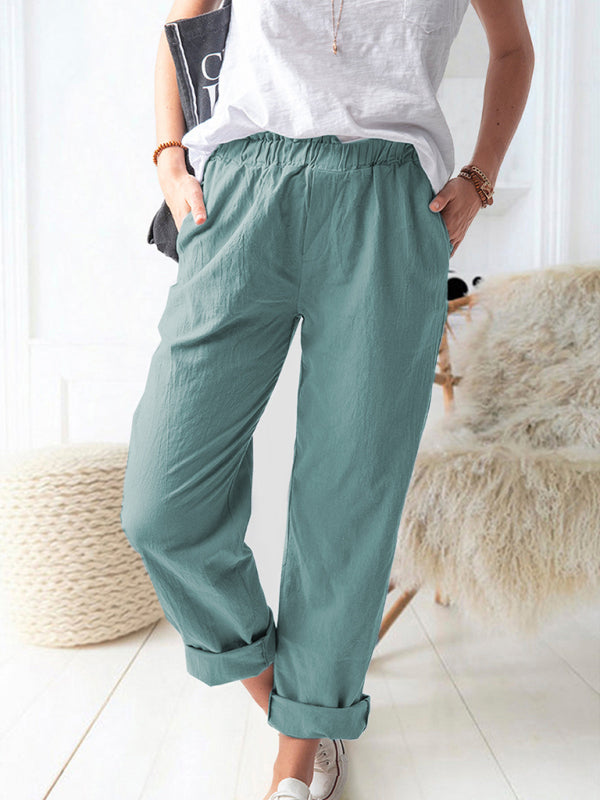 Cotton Pants- Textured Cotton Trousers | Elastic Waist Pants with Pockets- Acid blue- Pekosa Women Clothing