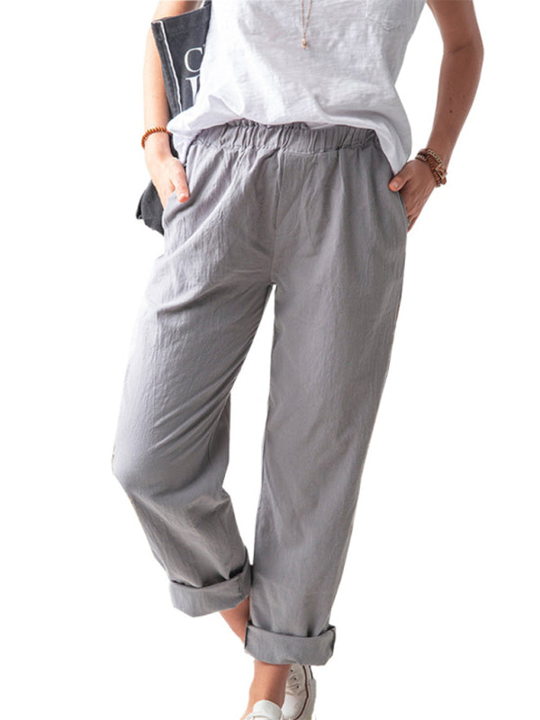 Cotton Pants- Textured Cotton Trousers | Elastic Waist Pants with Pockets- - Pekosa Women Clothing