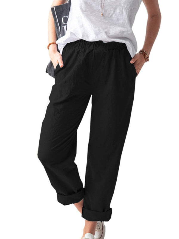 Cotton Pants- Textured Cotton Trousers | Elastic Waist Pants with Pockets- - Pekosa Women Clothing