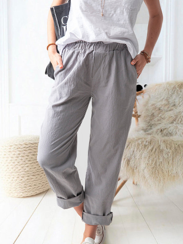 Cotton Pants- Textured Cotton Trousers | Elastic Waist Pants with Pockets- - Pekosa Women Clothing