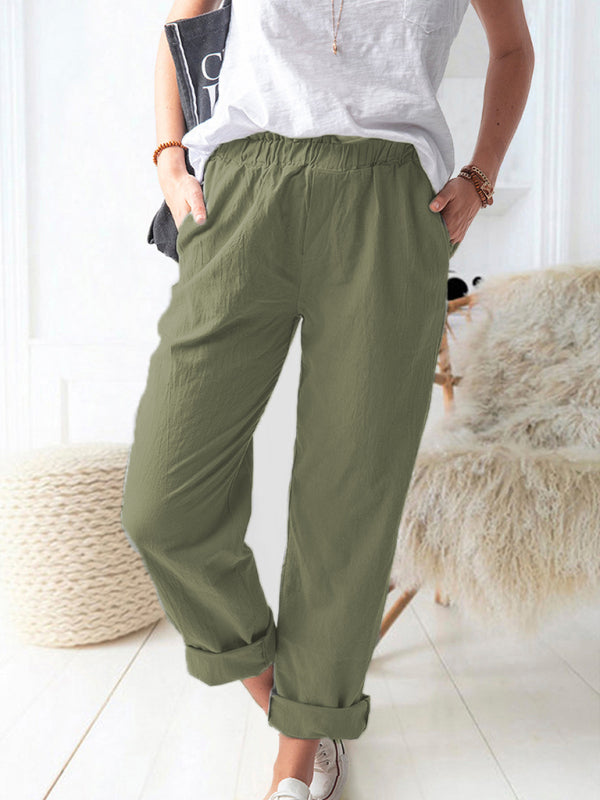 Cotton Pants- Textured Cotton Trousers | Elastic Waist Pants with Pockets- - Pekosa Women Clothing