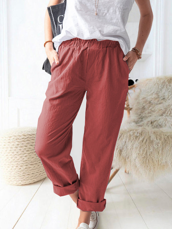 Cotton Pants- Textured Cotton Trousers | Elastic Waist Pants with Pockets- Red- Pekosa Women Clothing