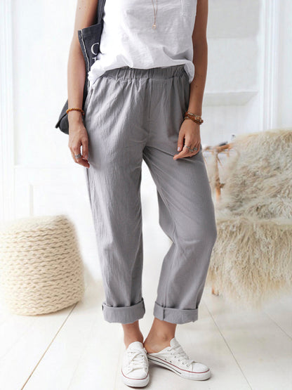 Cotton Pants- Textured Cotton Trousers | Elastic Waist Pants with Pockets- Grey- Pekosa Women Clothing