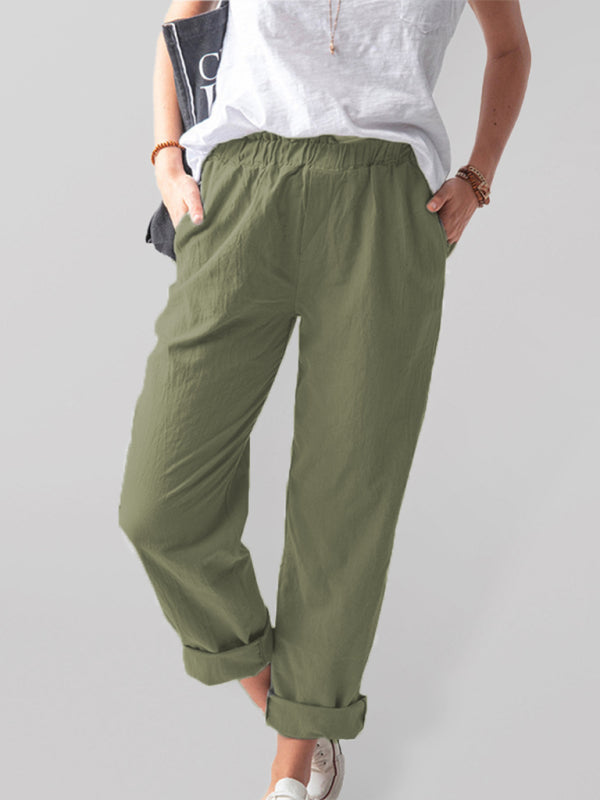 Cotton Pants- Textured Cotton Trousers | Elastic Waist Pants with Pockets- Olive green- Pekosa Women Clothing