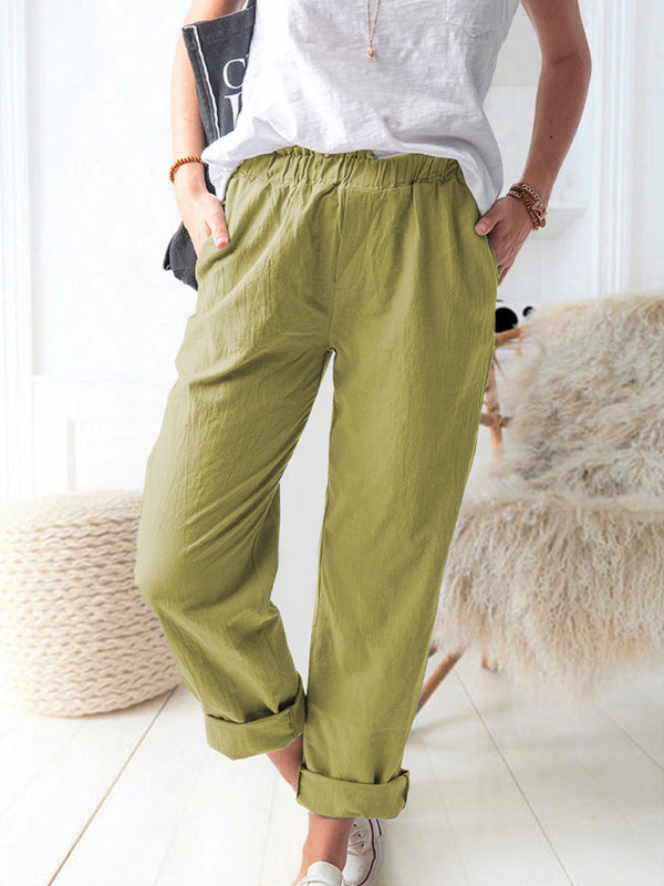 Cotton Pants- Textured Cotton Trousers | Elastic Waist Pants with Pockets- GreenYellow- Pekosa Women Clothing