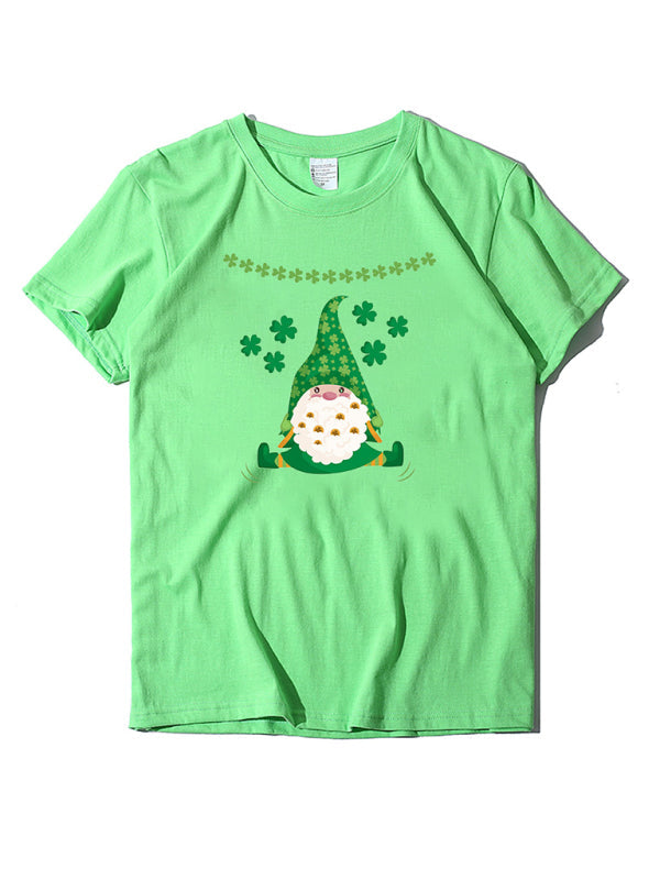 Cotton Tees- Shamrock Short Sleeve Leprechaun Print T-Shirt for Women St. Patrick's Day- Fruit green- Pekosa Women Clothing