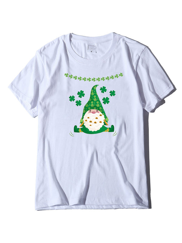 Cotton Tees- Shamrock Short Sleeve Leprechaun Print T-Shirt for Women St. Patrick's Day- White- Pekosa Women Clothing