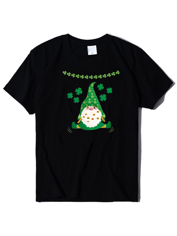 Cotton Tees- Shamrock Short Sleeve Leprechaun Print T-Shirt for Women St. Patrick's Day- Black- Pekosa Women Clothing