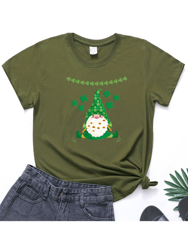 Cotton Tees- Shamrock Short Sleeve Leprechaun Print T-Shirt for Women St. Patrick's Day- Olive green- Pekosa Women Clothing