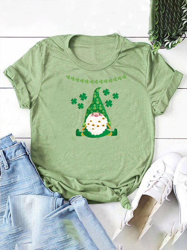 Cotton Tees- Shamrock Short Sleeve Leprechaun Print T-Shirt for Women St. Patrick's Day- Pale green- Pekosa Women Clothing