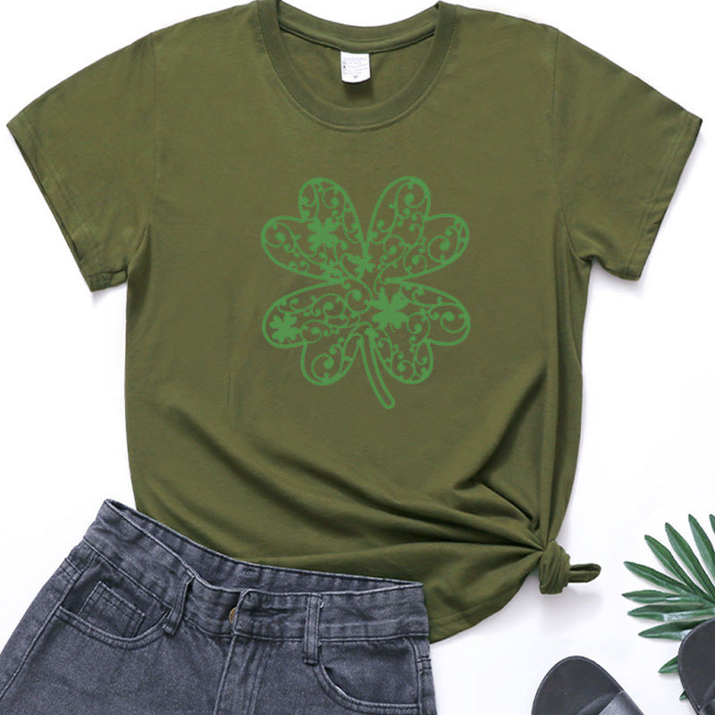 Cotton Tees- St. Paddy's Day in Women's Cotton Tee with Lucky Four-leaf Clover Print- Olive green- Pekosa Women Clothing