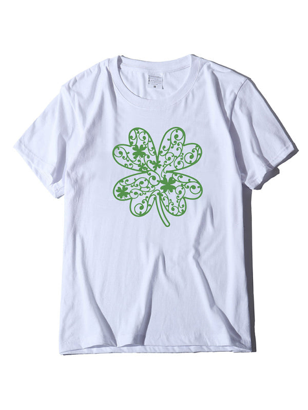 Cotton Tees- St. Paddy's Day in Women's Cotton Tee with Lucky Four-leaf Clover Print- White- Pekosa Women Clothing