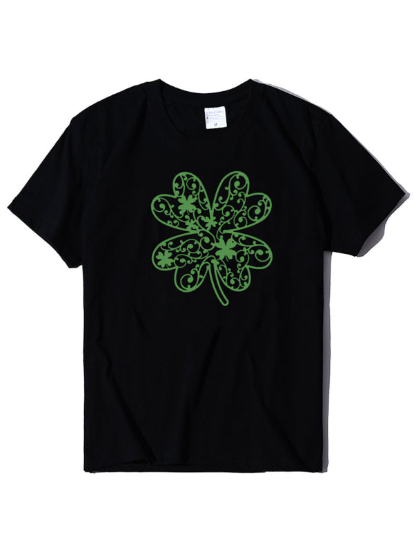 Cotton Tees- St. Paddy's Day in Women's Cotton Tee with Lucky Four-leaf Clover Print- Black- Pekosa Women Clothing