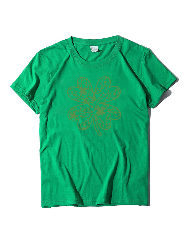Cotton Tees- St. Paddy's Day in Women's Cotton Tee with Lucky Four-leaf Clover Print- Grass green- Pekosa Women Clothing