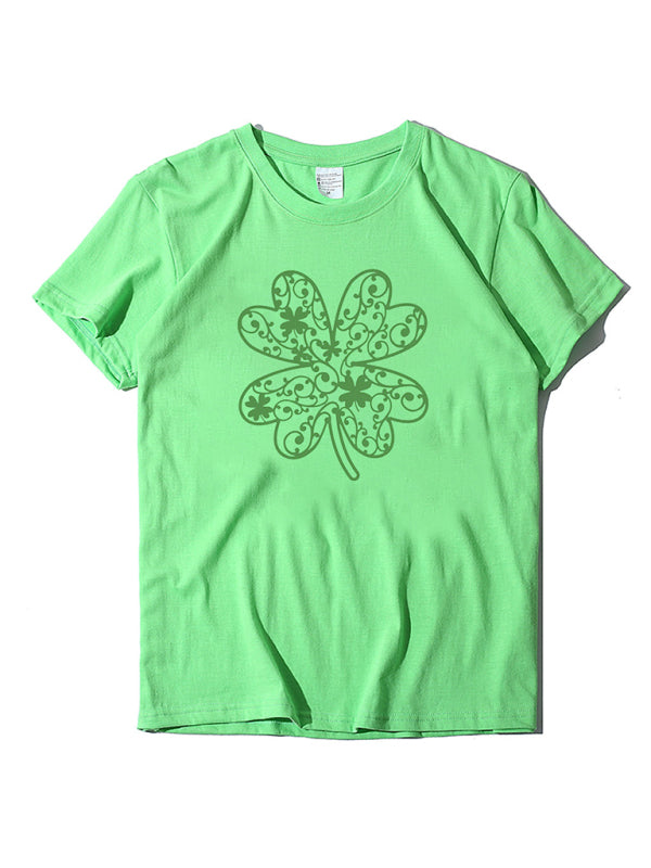 Cotton Tees- St. Paddy's Day in Women's Cotton Tee with Lucky Four-leaf Clover Print- Fruit green- Pekosa Women Clothing