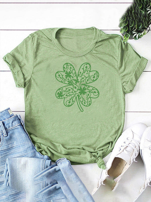 Cotton Tees- St. Paddy's Day in Women's Cotton Tee with Lucky Four-leaf Clover Print- Pale green- Pekosa Women Clothing