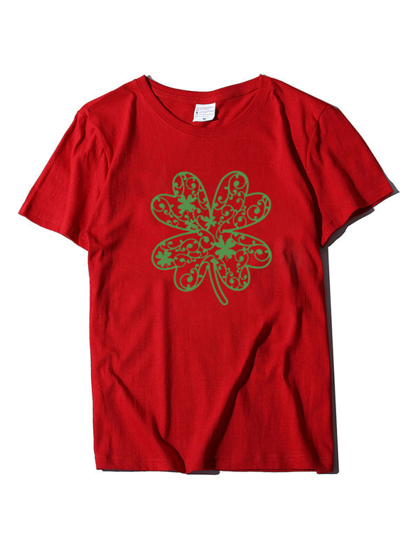 Cotton Tees- St. Paddy's Day in Women's Cotton Tee with Lucky Four-leaf Clover Print- Red- Pekosa Women Clothing