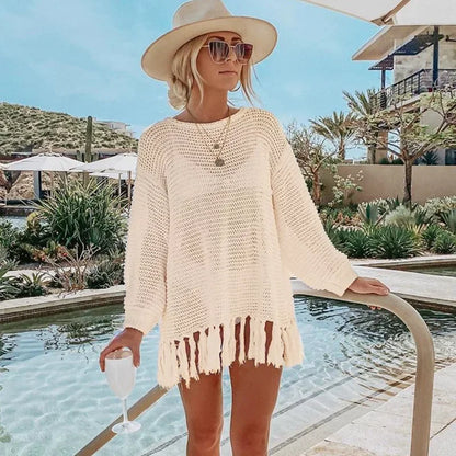 Cover Ups- Crochet Beachwear Cover-Up with Fringe Trim- beige- Pekosa Women Fashion