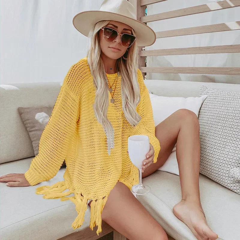 Cover Ups- Crochet Beachwear Cover-Up with Fringe Trim- Yellow- Pekosa Women Fashion