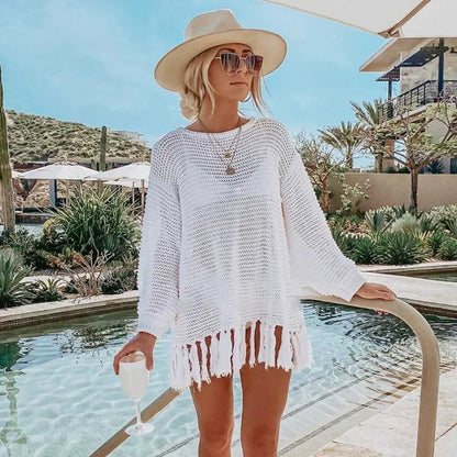 Cover Ups- Crochet Beachwear Cover-Up with Fringe Trim- - Pekosa Women Fashion