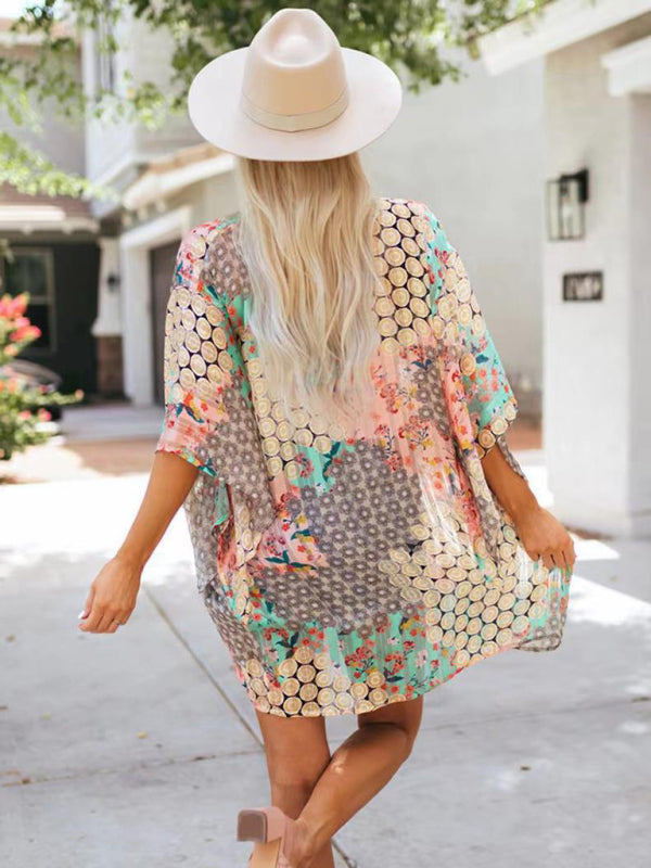 Cover Ups- Vacation Beach Cover Up - Open Front Summer Print Kimono- - Pekosa Women Clothing