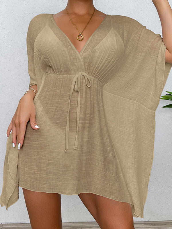 Cover Ups- Vacation Cover Up Batwing Beach Dress- Khaki- Pekosa Women Clothing