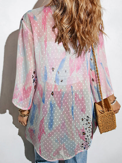 Cover Ups- Vacation Summer Print See-Through Kimono Cover Up- - Pekosa Women Clothing