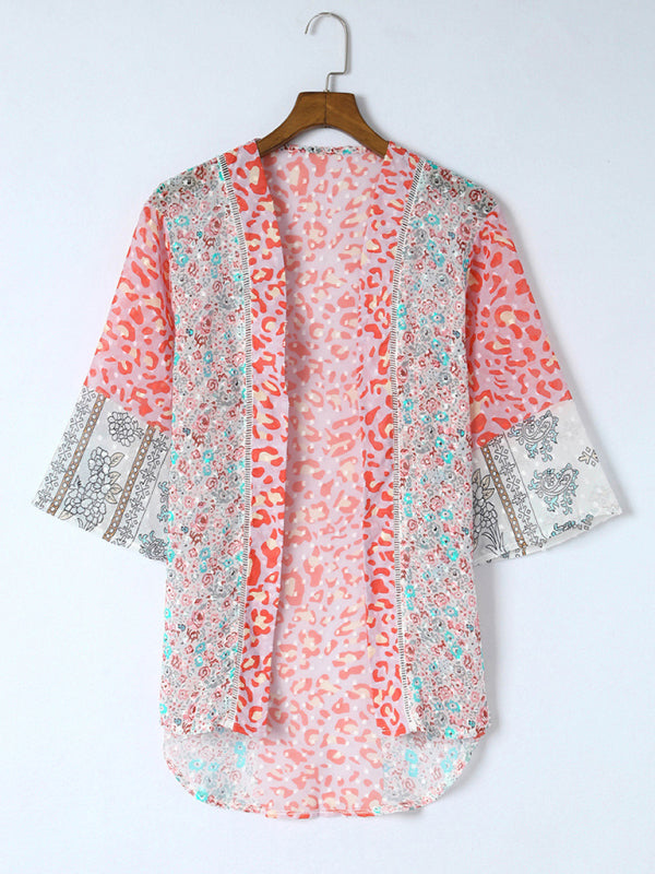 Cover Ups- Vacation Summer Print See-Through Kimono Cover Up- - Pekosa Women Clothing