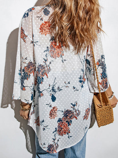 Cover Ups- Vacation Summer Print See-Through Kimono Cover Up- - Pekosa Women Clothing